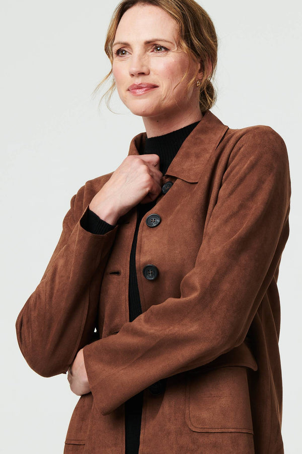 Brown | Faux Suede Button Front Shirt Jacket