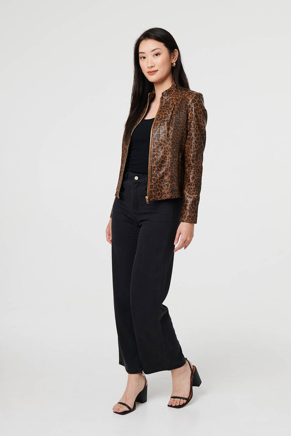 Brown | Animal Print Faux Leather Jacket