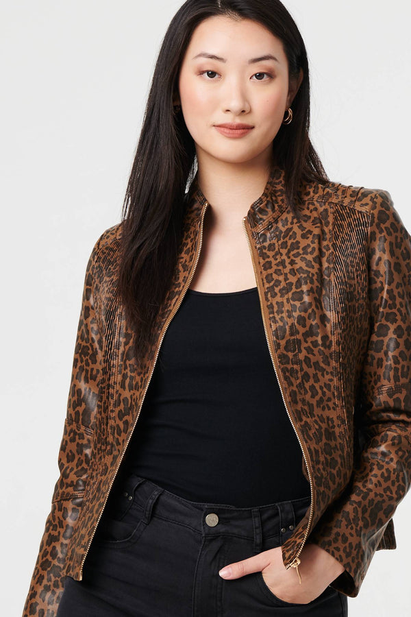 Brown | Animal Print Faux Leather Jacket
