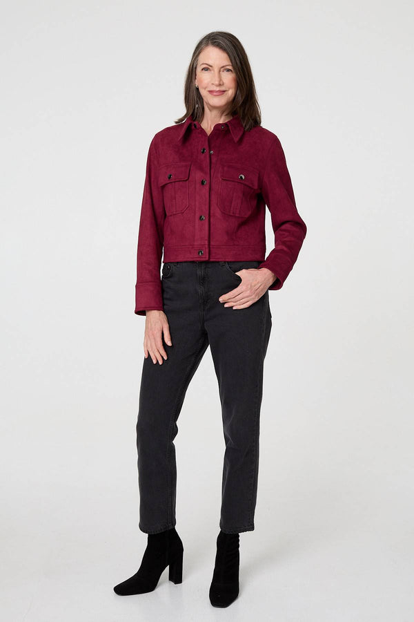 Burgundy | Faux Suede Cropped Collared Jacket