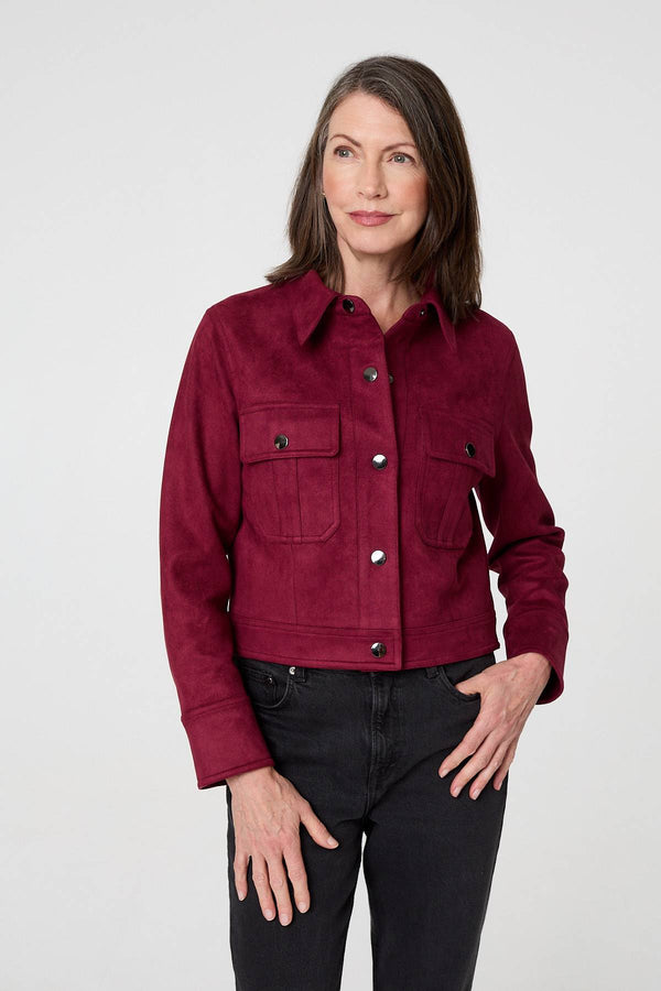 Burgundy | Faux Suede Cropped Collared Jacket