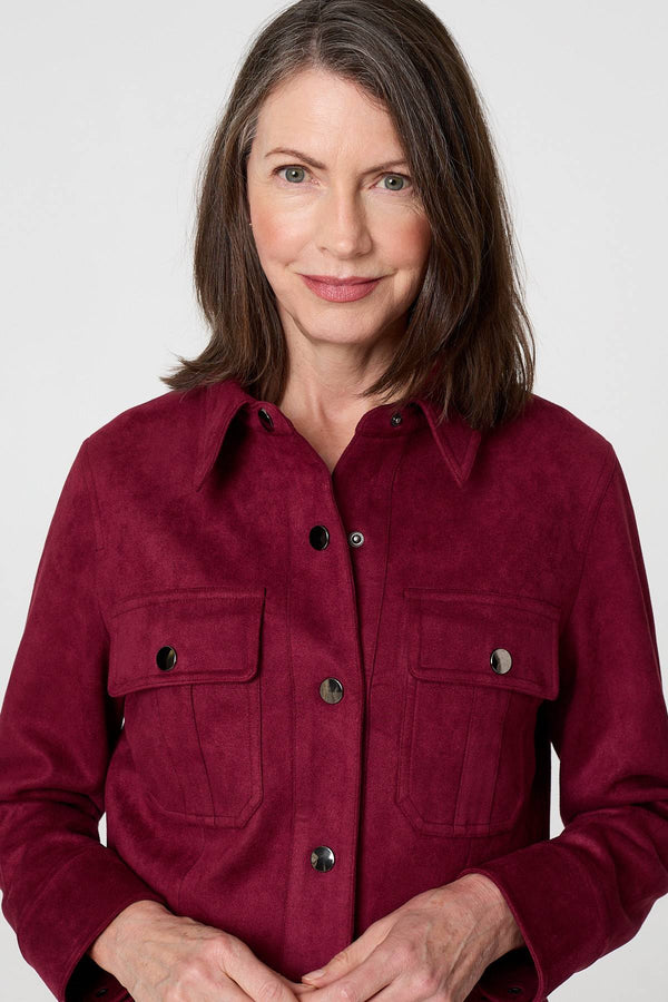 Burgundy | Faux Suede Cropped Collared Jacket