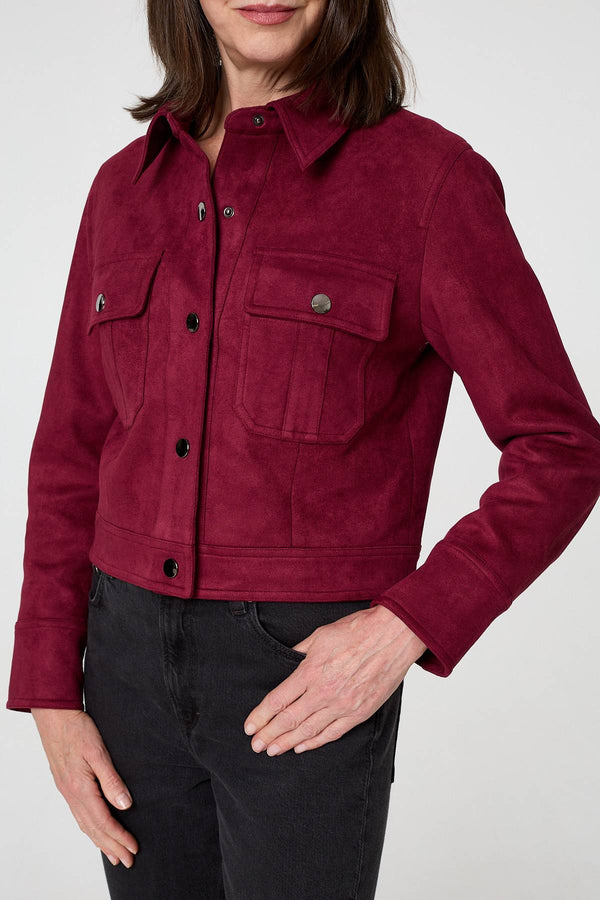 Burgundy | Faux Suede Cropped Collared Jacket