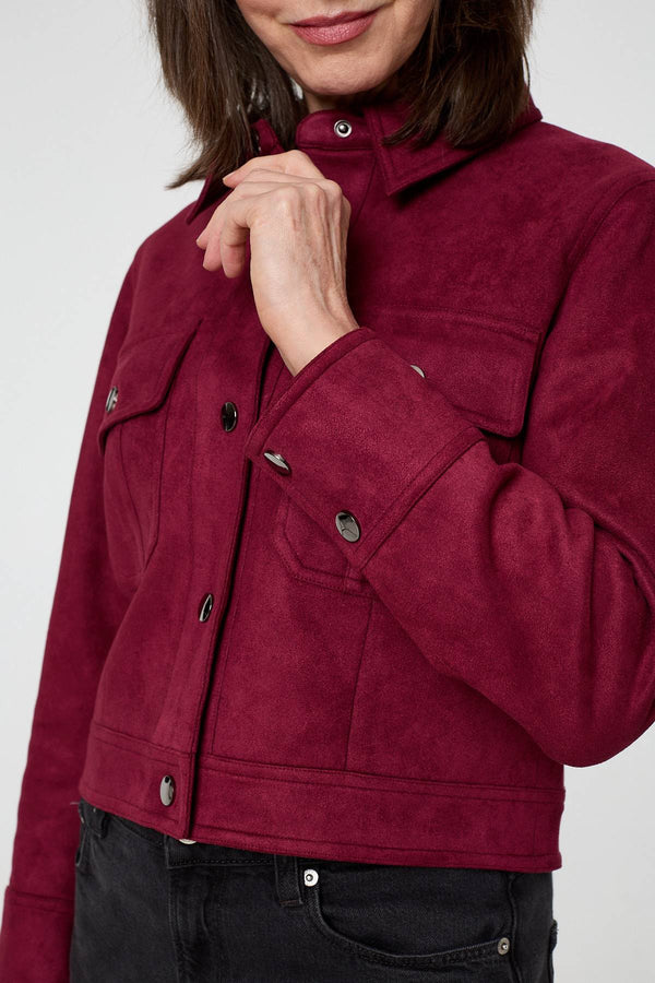 Burgundy | Faux Suede Cropped Collared Jacket