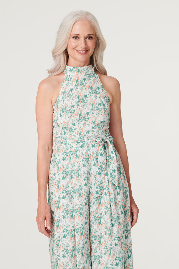 Green | Floral High Neck Jumpsuit