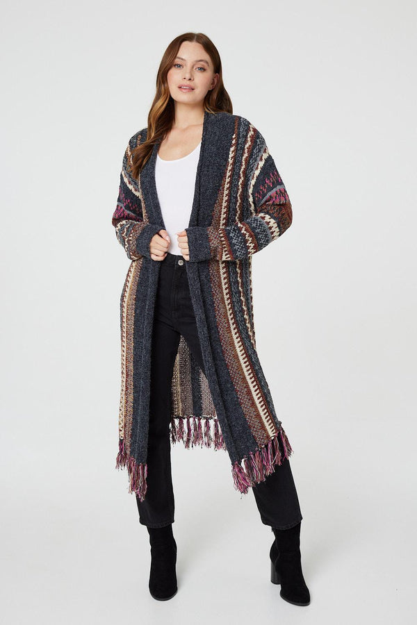 Grey | Fair Isle Open Front Knit Cardigan