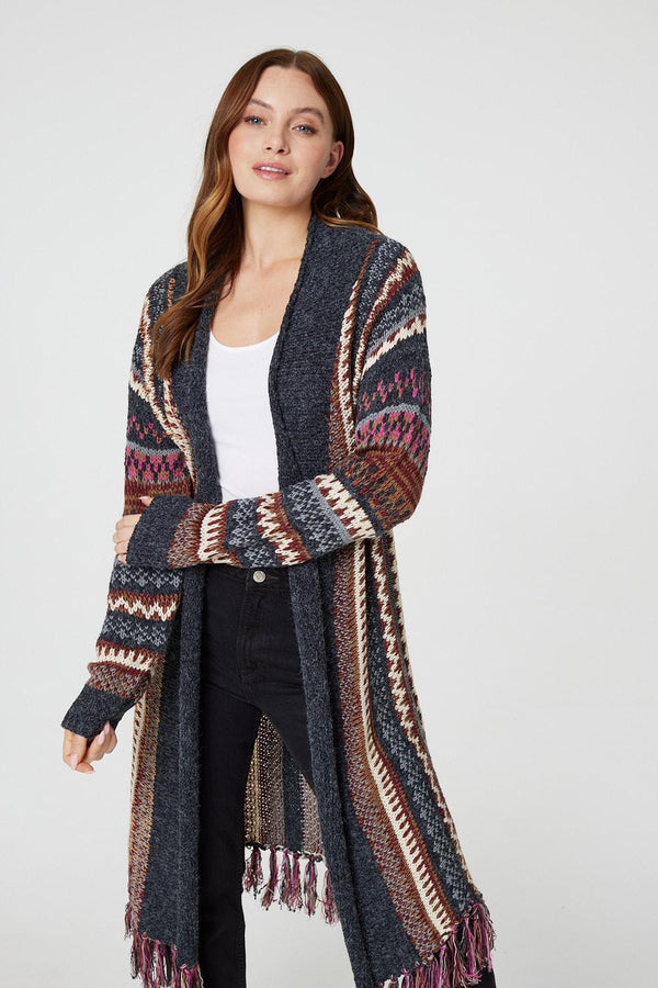 Grey | Fair Isle Open Front Knit Cardigan