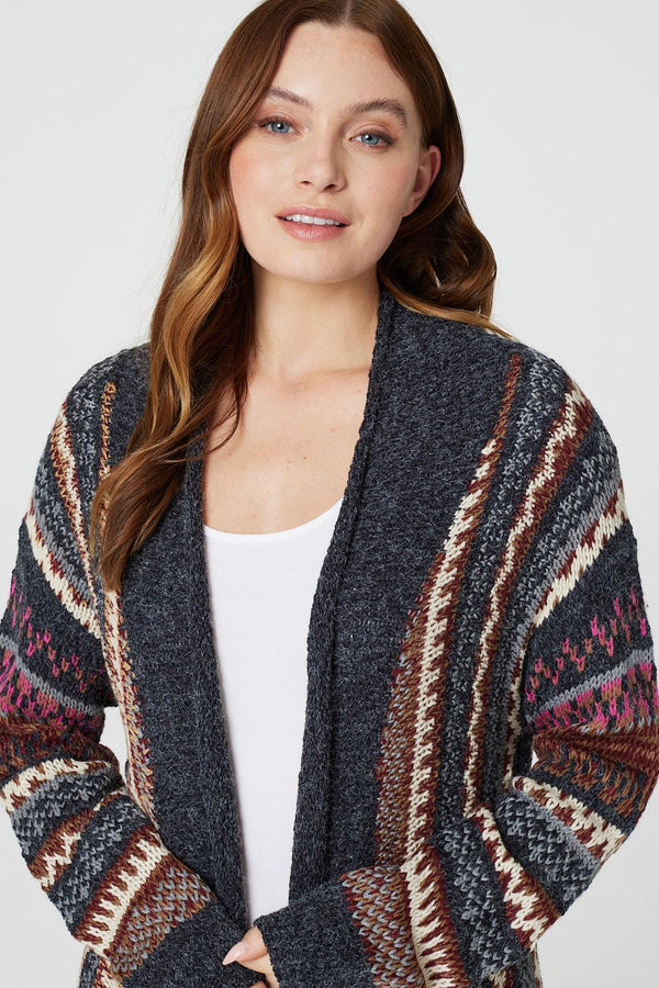 Grey | Fair Isle Open Front Knit Cardigan