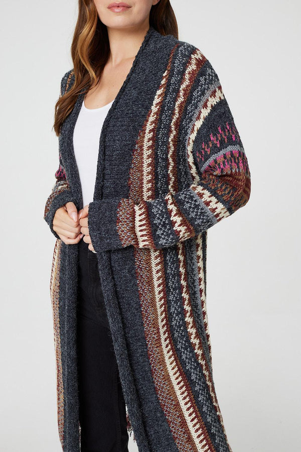 Grey | Fair Isle Open Front Knit Cardigan