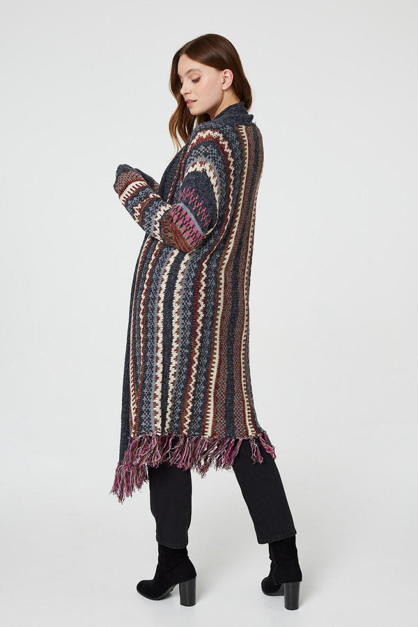 Grey | Fair Isle Open Front Knit Cardigan