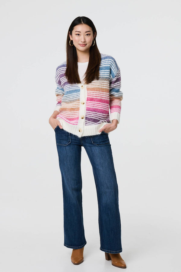 Pink | Stripe Print Relaxed V-Neck Cardigan