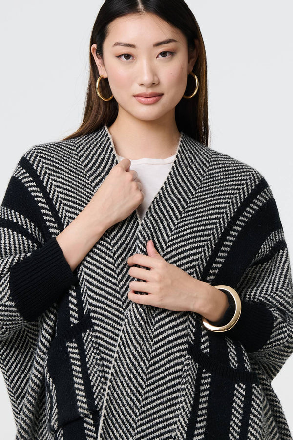 Black | Chevron Print Tassel Fringe Open Cardigan