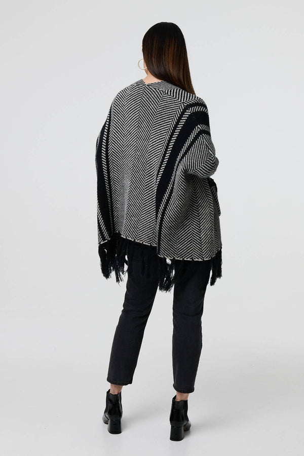 Black | Chevron Print Tassel Fringe Open Cardigan