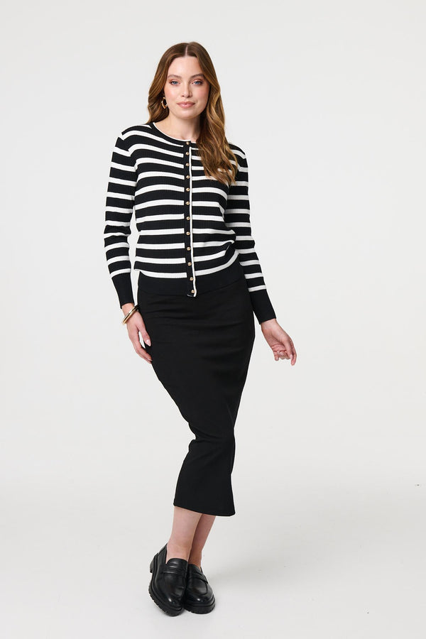 Black | Stripe Print Button-Up Knit Cardigan