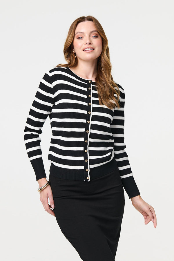 Black | Stripe Print Button-Up Knit Cardigan