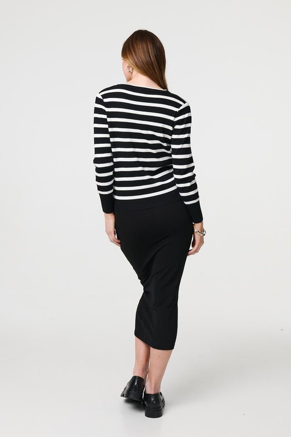 Black | Stripe Print Button-Up Knit Cardigan