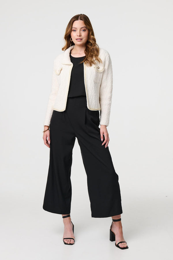 Cream | Textured Pocket Detail Crop Knit Jacket : Model is 5'9"/175 cm and wears UK8/EU36/US4/AUS8
