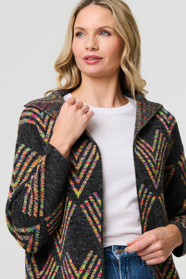 Grey | Abstract Print Longline Knitted Jacket