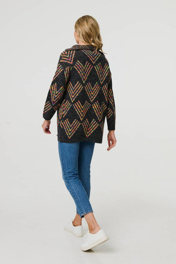 Grey | Abstract Print Longline Knitted Jacket
