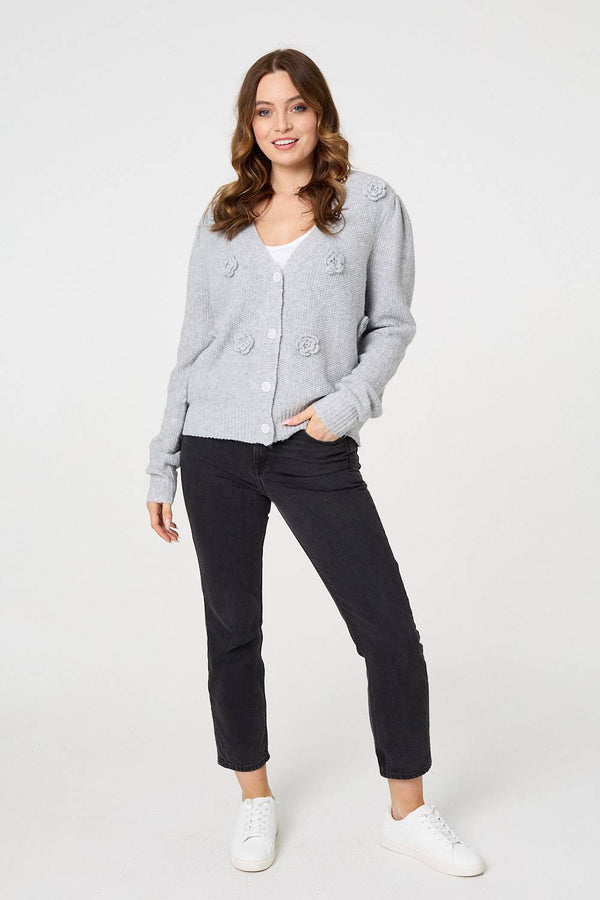 Grey | Floral Embroidered Cropped Cardigan