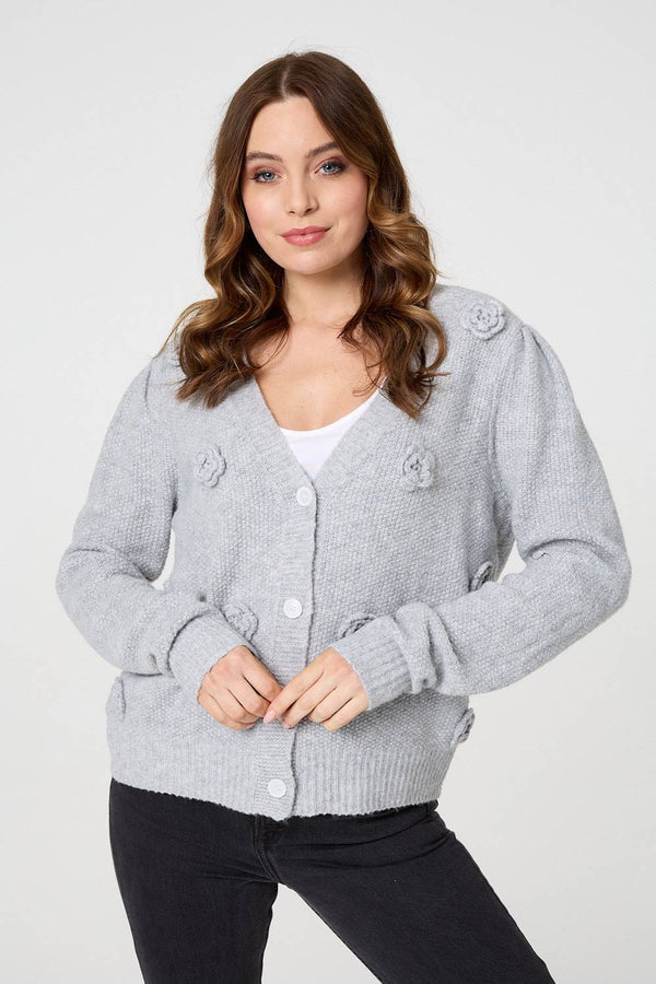 Grey | Floral Embroidered Cropped Cardigan