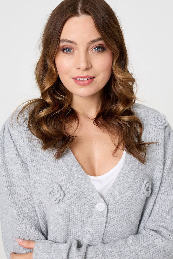 Grey | Floral Embroidered Cropped Cardigan