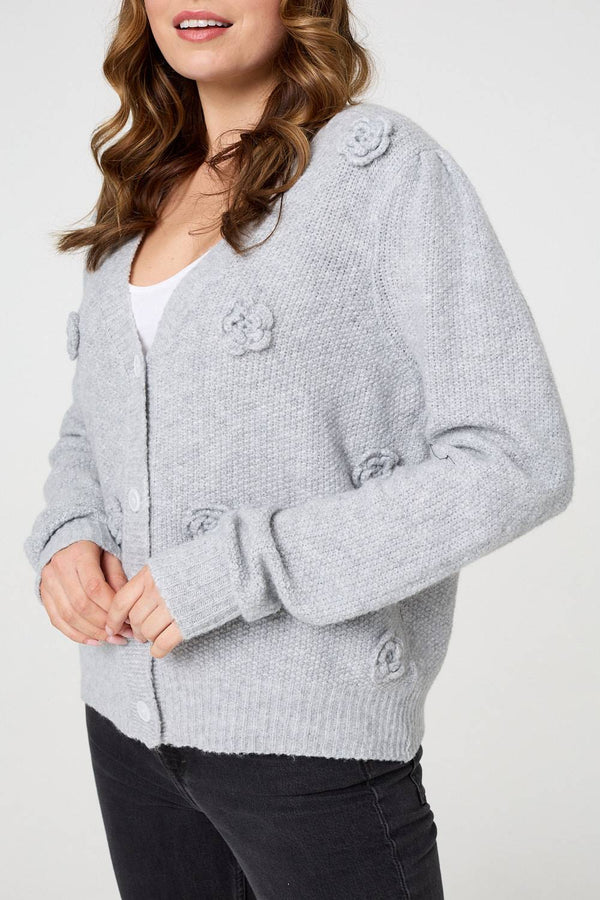 Grey | Floral Embroidered Cropped Cardigan