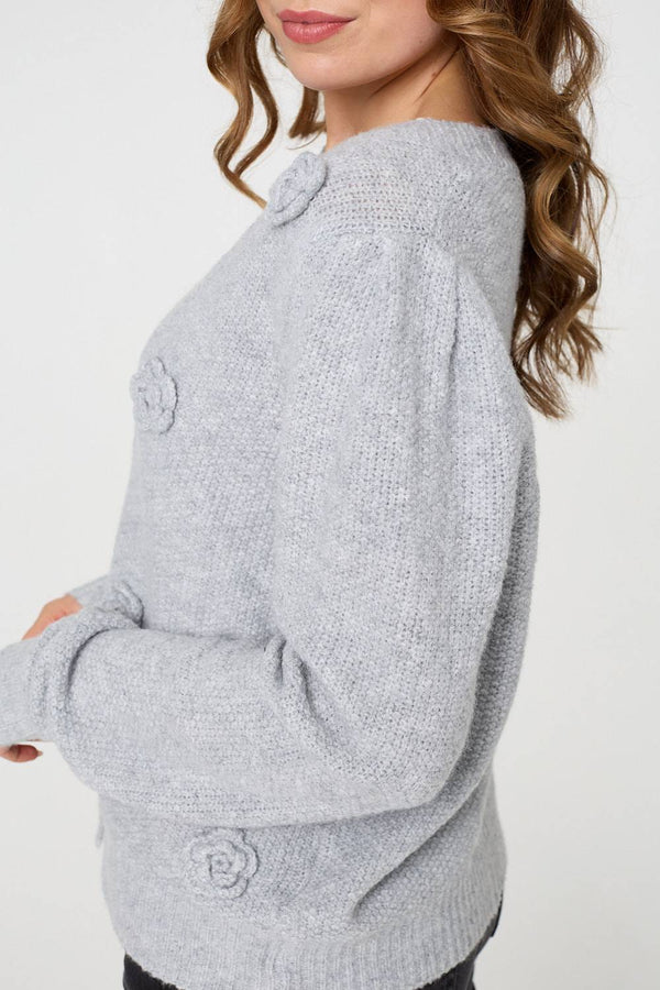 Grey | Floral Embroidered Cropped Cardigan