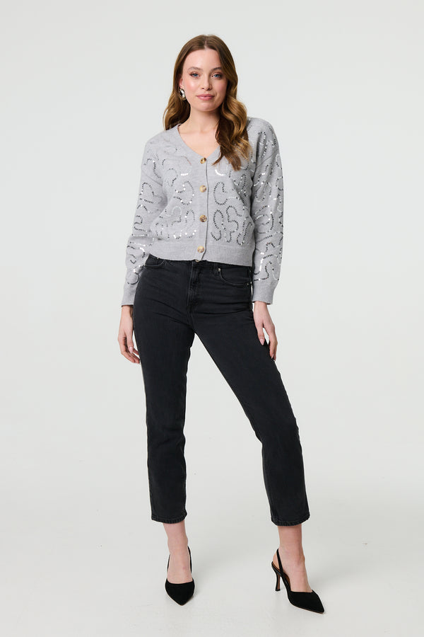 Grey | Sequin Embellished Cropped Cardigan