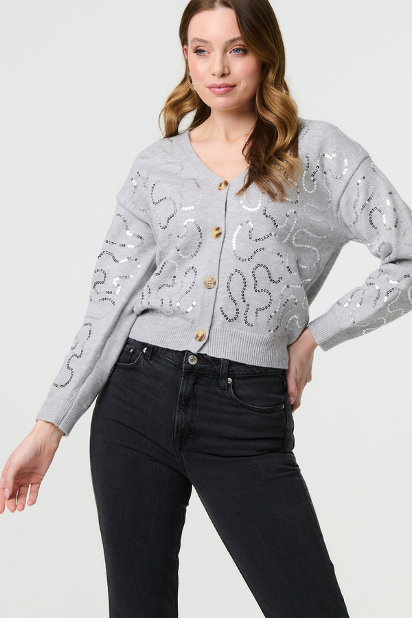 Grey | Sequin Embellished Cropped Cardigan