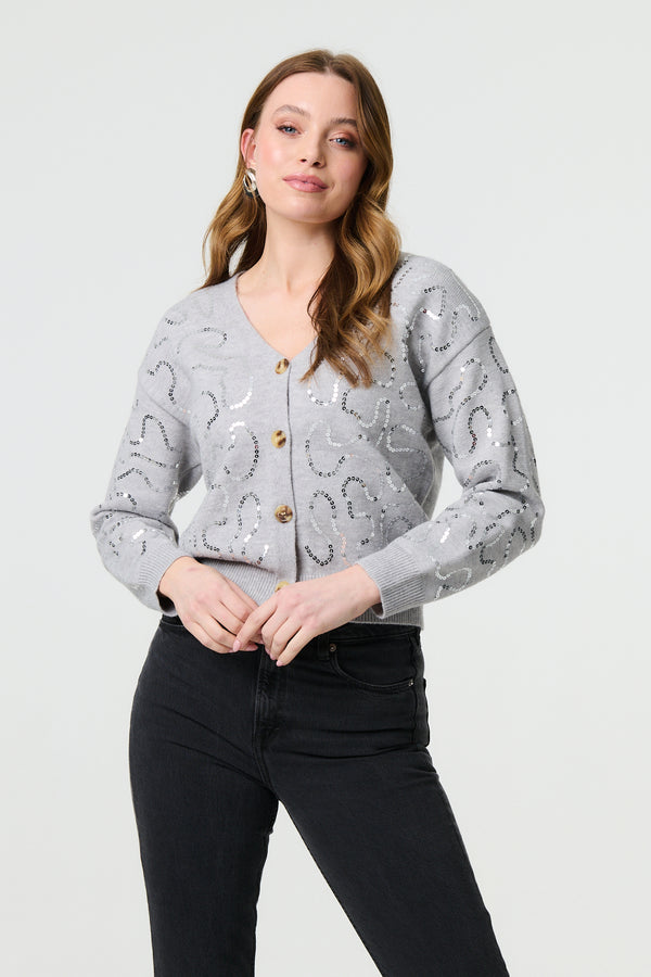 Grey | Sequin Embellished Cropped Cardigan