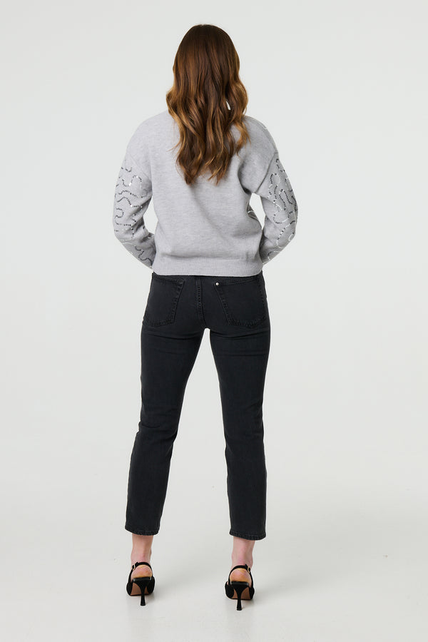 Grey | Sequin Embellished Cropped Cardigan