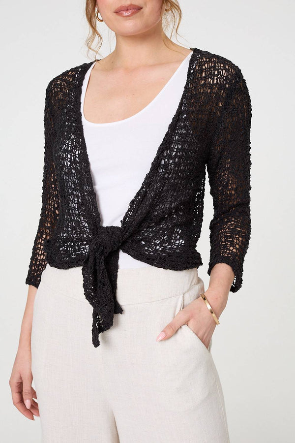 Black | Crochet Open Knit Waterfall Cardigan