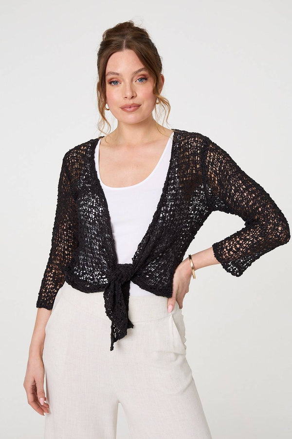 Black | Crochet Open Knit Waterfall Cardigan