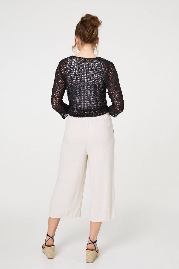 Black | Crochet Open Knit Waterfall Cardigan