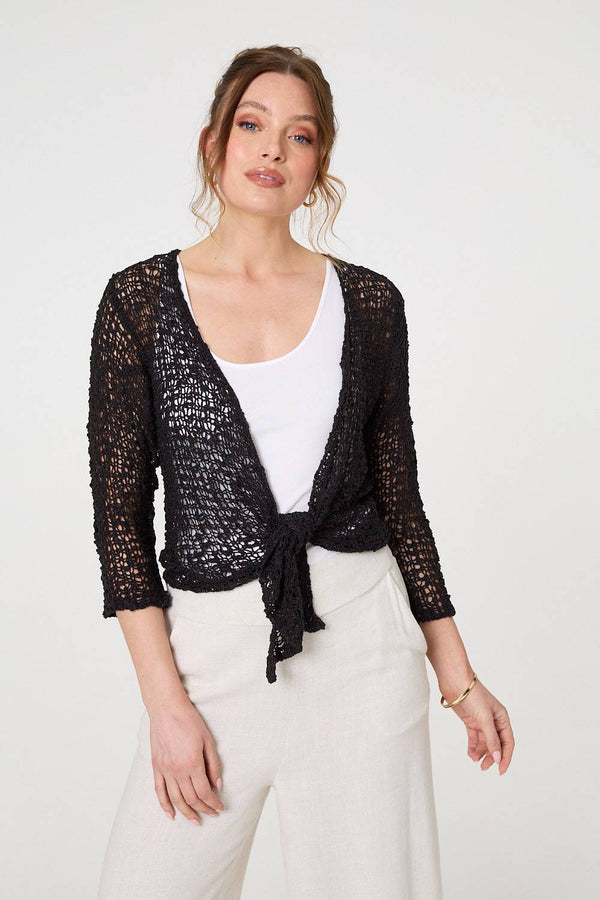 Black | Crochet Open Knit Waterfall Cardigan