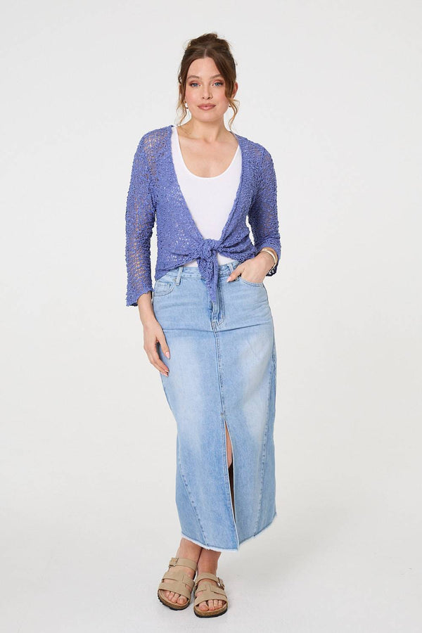 Blue | Crochet Open Knit Waterfall Cardigan