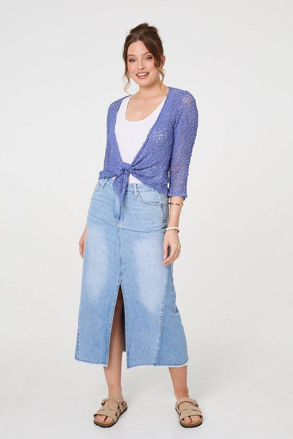 Blue | Crochet Open Knit Waterfall Cardigan