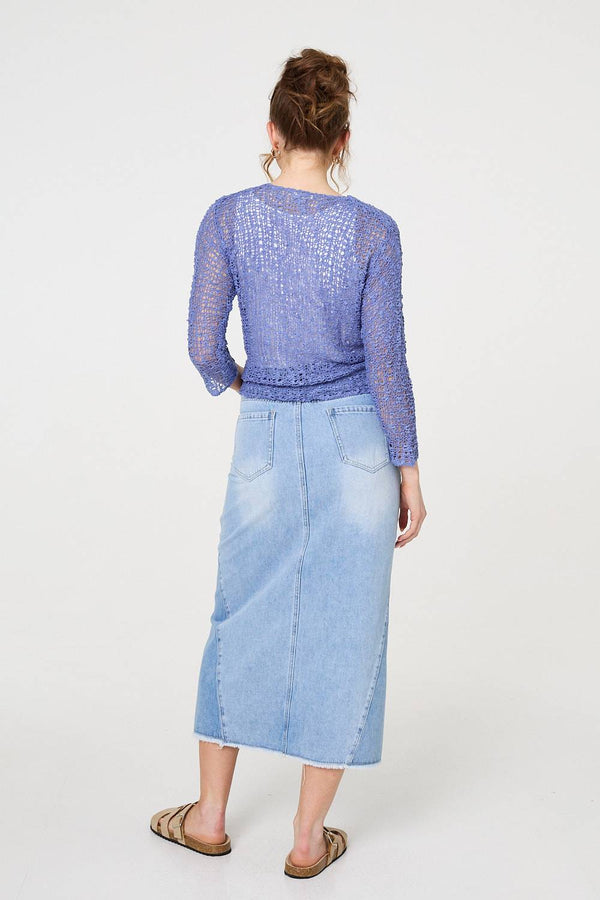 Blue | Crochet Open Knit Waterfall Cardigan