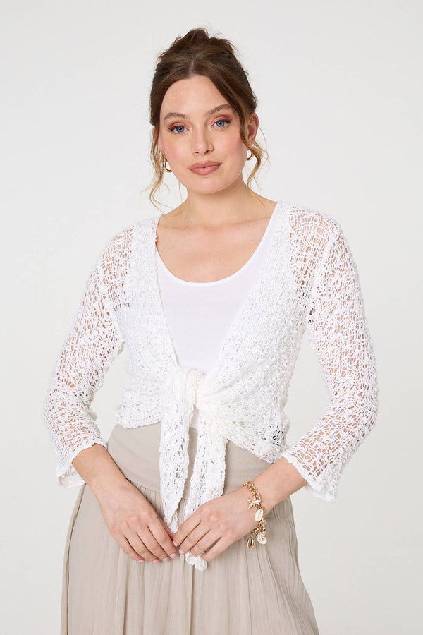 White | Crochet Open Knit Waterfall Cardigan
