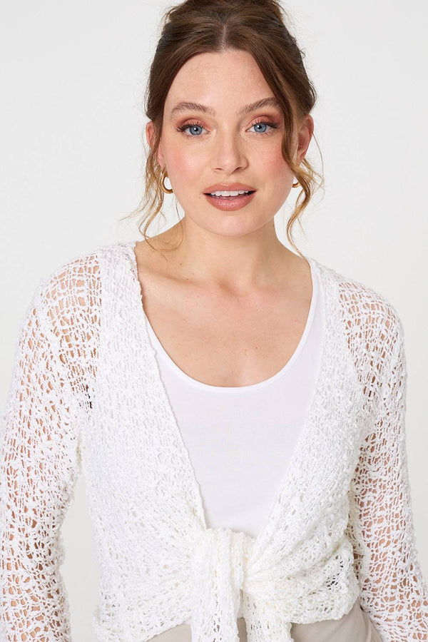 White | Crochet Open Knit Waterfall Cardigan