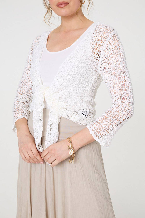 White | Crochet Open Knit Waterfall Cardigan