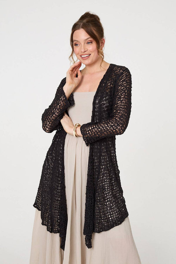 Black | Crochet Knit Longline Waterfall Cardigan