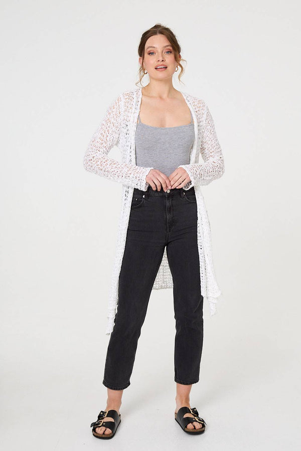 White | Crochet Knit Longline Waterfall Cardigan