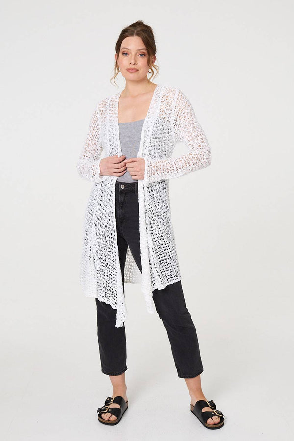 White | Crochet Knit Longline Waterfall Cardigan