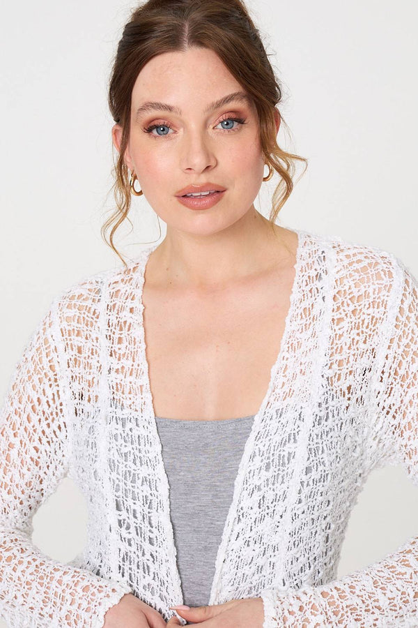 White | Crochet Knit Longline Waterfall Cardigan