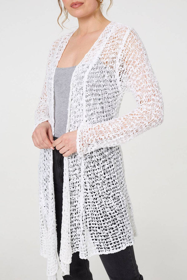 White | Crochet Knit Longline Waterfall Cardigan