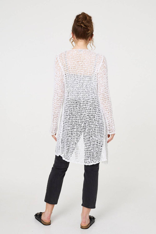 White | Crochet Knit Longline Waterfall Cardigan