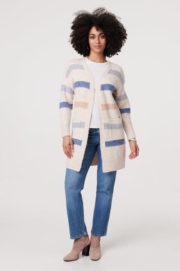 Beige | Striped V-Neck Longline Relaxed Cardigan