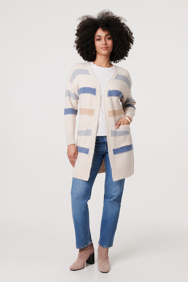 Beige | Striped V-Neck Longline Relaxed Cardigan